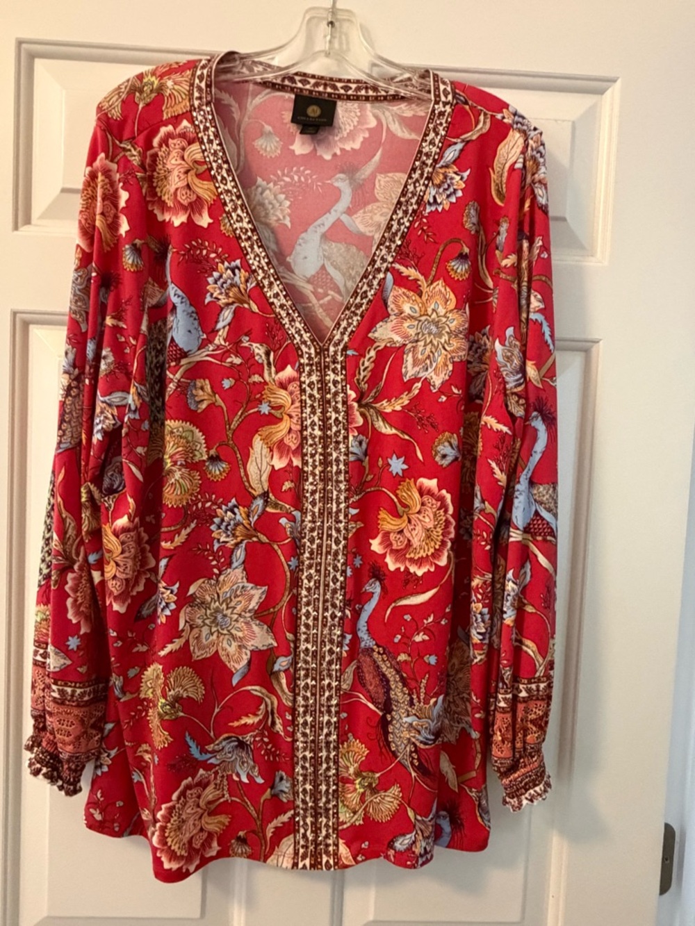 JM Collection Red Floral Print Top with Muted Accents
